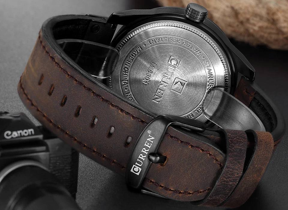 Montre en acier inoxydable noir et bracelet en cuir | Boreal